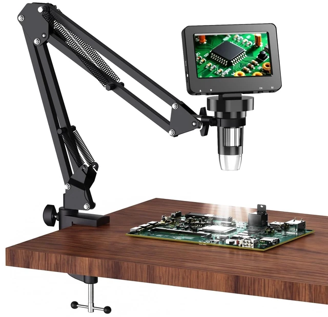 Main image of 4.3 Inch Digital Soldering Microscope with C-Clamp For PCB repair and soldering checks; compact clamp setup keeps both hands free, and the screen works without a computer