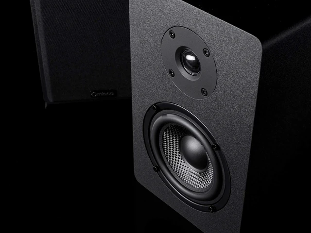 Alt view image 5 of 7 - PB42X Powered Bookshelf Speakers, 30W RMS, Desktop Stereo Pair, Black 2-Way, 4-Inch Carbon-Fiber Woofer, 0.75-Inch Silk-Dome Tweeter, RCA AUX Inputs, Active Near Field Studio Monitor