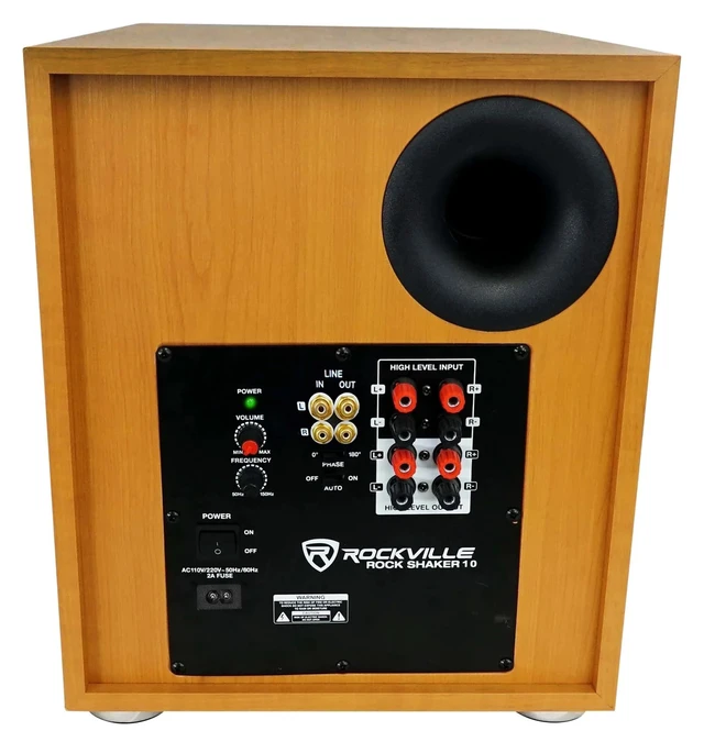 Alt view image 2 of 7 - Rock Shaker 10" Classic Wood Powered Subwoofer Home Theater 600W Peak, 300W RMS, RCA In/Out, High-Level In/Out, 20Hz-200Hz Response, MDF Enclosure, Class D Amplifier