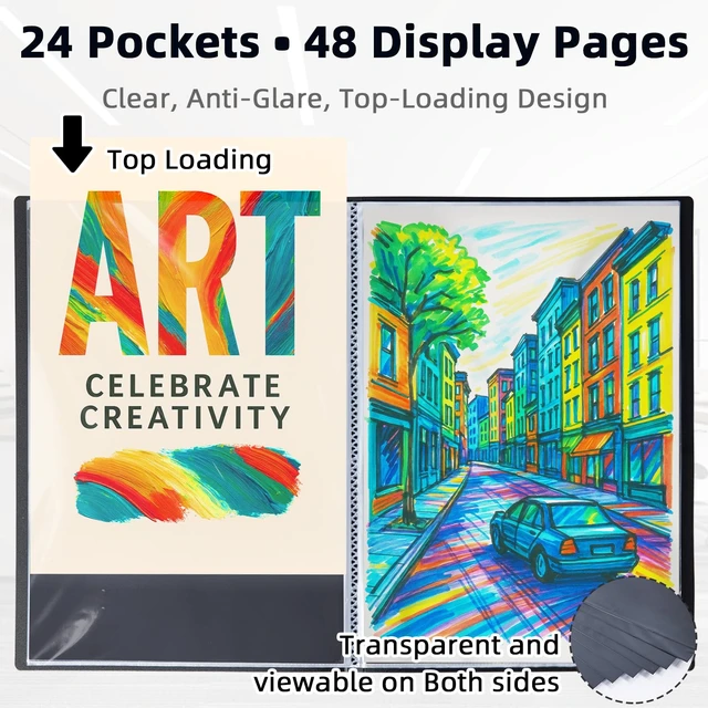 Alt view image 3 of 7 - 18x24 Black Art Portfolio Folder Displaying 48 Pages with Plastic Sleeves 24-Pocket Presentation Book Binder For Artwork Storage Featuring Dark Inner Paper Inserts Protective Document Archival Holder
