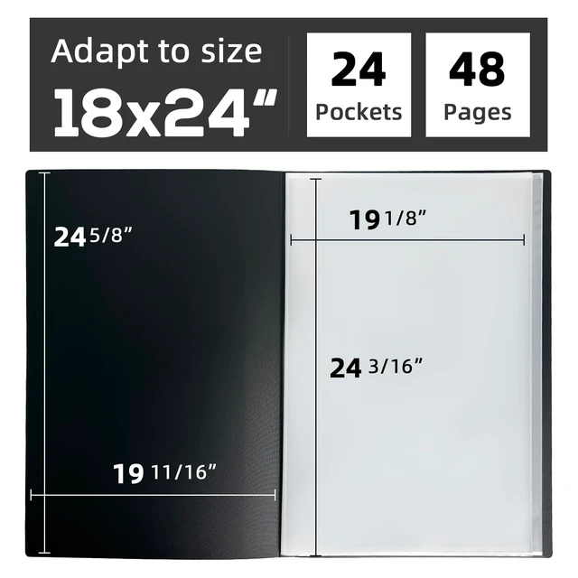 Alt view image 2 of 7 - 18x24 Black Art Portfolio Folder Displaying 48 Pages with Plastic Sleeves 24-Pocket Presentation Book Binder For Artwork Storage Featuring Dark Inner Paper Inserts Protective Document Archival Holder