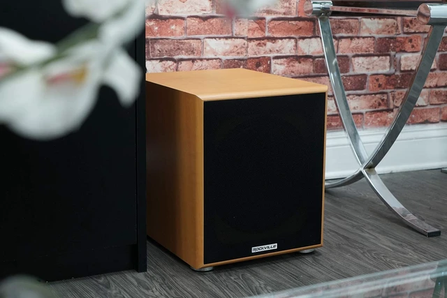 Alt view image 5 of 7 - Rock Shaker 10" Classic Wood Powered Subwoofer Home Theater 600W Peak, 300W RMS, RCA In/Out, High-Level In/Out, 20Hz-200Hz Response, MDF Enclosure, Class D Amplifier