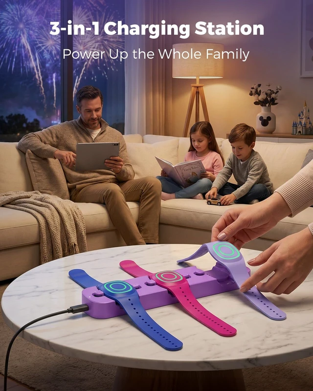 Alt view image 5 of 7 - 3in1 Charging Station for MagicBand+ Magic Band Plus, Portable Charger Dock 90-Min Fast Charge for 3 Bands, ClicktoLock Design, USBC Travel Hub for Disney-Land & Disney-World Families (Purple)