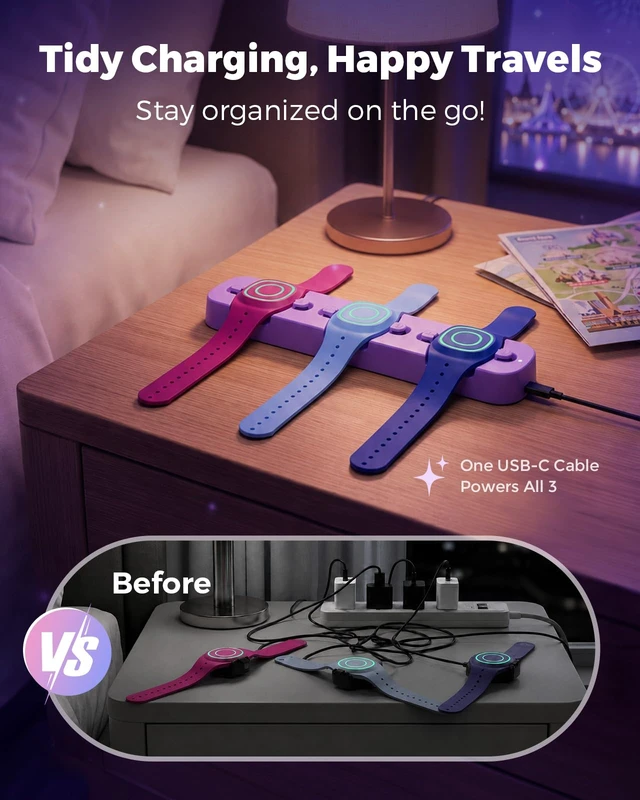 Alt view image 3 of 7 - 3in1 Charging Station for MagicBand+ Magic Band Plus, Portable Charger Dock 90-Min Fast Charge for 3 Bands, ClicktoLock Design, USBC Travel Hub for Disney-Land & Disney-World Families (Purple)