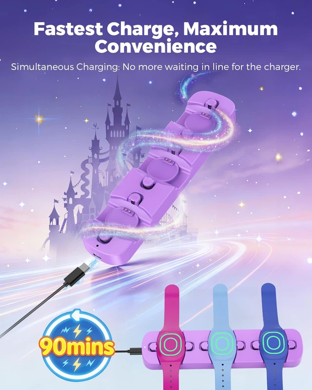Alt view image 6 of 7 - 3in1 Charging Station for MagicBand+ Magic Band Plus, Portable Charger Dock 90-Min Fast Charge for 3 Bands, ClicktoLock Design, USBC Travel Hub for Disney-Land & Disney-World Families (Purple)