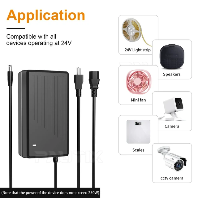 Alt view image 5 of 6 - 24V DC Power Supply Adapter 24Volt 10.4A 250W Output,AC to DC Converter Transformer 100-240V AC Input with 5.5 x 2.1mm US Plug for LED Strip, CCTV Camera(Black)