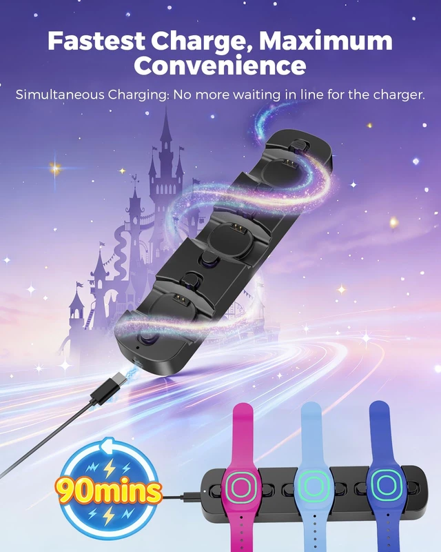 Alt view image 4 of 7 - 3in1 Charging Station for MagicBand+ Magic Band Plus, Portable Charger Dock 90-Min Fast Charge for 3 Bands, ClicktoLock Design, USBC Travel Hub for Disney-Land & Disney-World Families (Black)