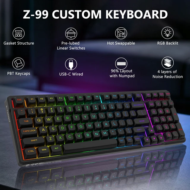 Alt view image 2 of 7 - Z-99 Wired Mechanical Keyboard, Creamy Sound, RGB Backlit, Black Hot Swappable Pre-lubed Linear Switches, Gasket Structure with Sound Dampening Foam, 99 Key Custom Gaming Keyboard for PC/Mac