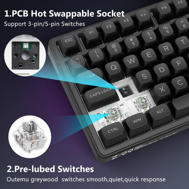 Alt view image 3 of 7 - Z-99 Wired Mechanical Keyboard, Creamy Sound, RGB Backlit, Black Hot Swappable Pre-lubed Linear Switches, Gasket Structure with Sound Dampening Foam, 99 Key Custom Gaming Keyboard for PC/Mac