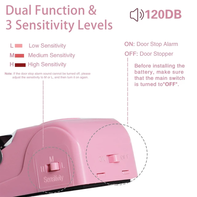 Alt view image 3 of 7 - Portable Door Lock & Door Stop Alarm Set, Dual Protection Home Security Door Kit, Travel Hotel Door Lock Devices Pocket Self Defensey Tools for Traveling Hotel Home Apartment,Pink