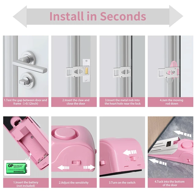 Alt view image 6 of 7 - Portable Door Lock & Door Stop Alarm Set, Dual Protection Home Security Door Kit, Travel Hotel Door Lock Devices Pocket Self Defensey Tools for Traveling Hotel Home Apartment,Pink