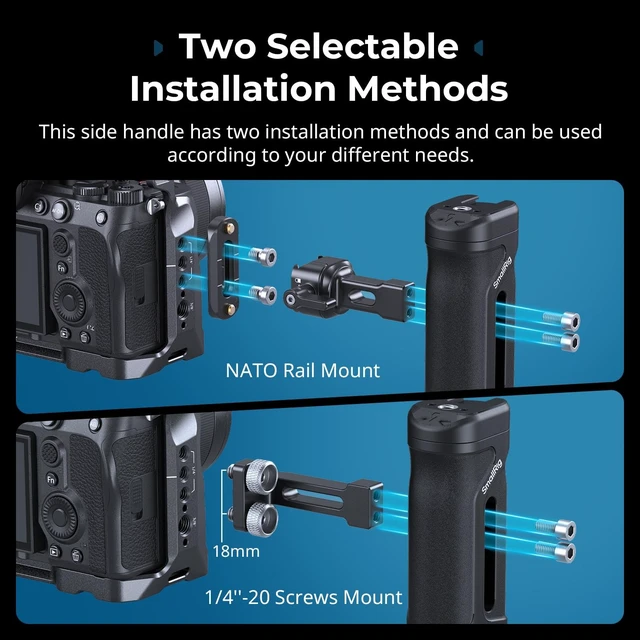 Alt view image 4 of 7 - Mini Side Handle Kit, with 1/4"-20 Screws & NATO Clamp & NATO Rail Left or Right Hand Available, Up and Down Adjustable, Max. Payload 10kg/ 22lb, Bulit-in Threaded Hole/ Cold Shoe