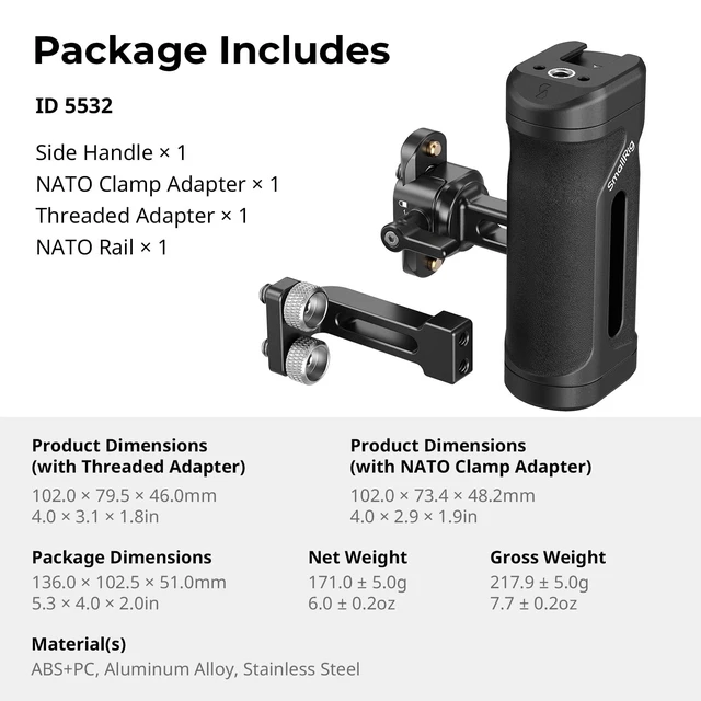 Alt view image 7 of 7 - Mini Side Handle Kit, with 1/4"-20 Screws & NATO Clamp & NATO Rail Left or Right Hand Available, Up and Down Adjustable, Max. Payload 10kg/ 22lb, Bulit-in Threaded Hole/ Cold Shoe