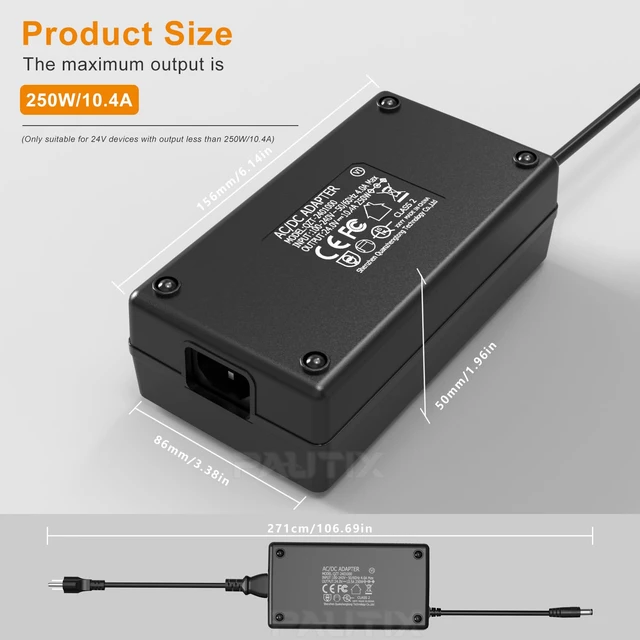 Alt view image 2 of 6 - 24V DC Power Supply Adapter 24Volt 10.4A 250W Output,AC to DC Converter Transformer 100-240V AC Input with 5.5 x 2.1mm US Plug for LED Strip, CCTV Camera(Black)