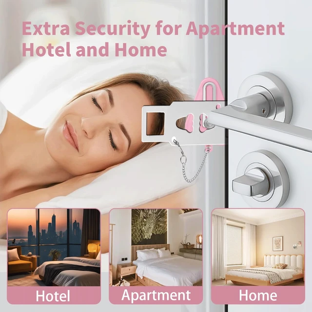 Alt view image 7 of 7 - Portable Door Lock & Door Stop Alarm Set, Dual Protection Home Security Door Kit, Travel Hotel Door Lock Devices Pocket Self Defensey Tools for Traveling Hotel Home Apartment,Pink