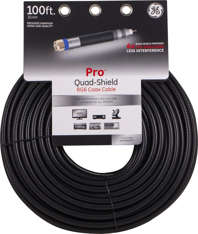 Alt view image 6 of 6 - Coaxial Cable, 100ft, RG6, F-Type Connectors, Double Shielded Coax, Input Output, Low Loss Coax, Ideal for TV Antenna, DVR, VCR, Satellite Receiver, Cable Box, Home Theater, Black, 34842