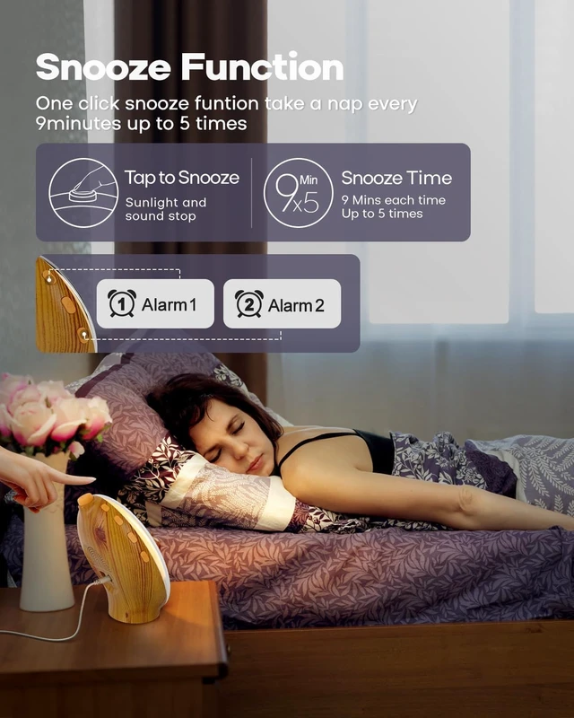 Alt view image 5 of 7 - Sunrise Alarm Clock for Heavy Sleepers, Wood Grain Wake up Light Sunset Simulation, 7 Nature Sounds, Dual Alarms, Colorful Ambient Lamp, FM Radio, Snooze, Sleep Aid for Kids & Adults Bedroom