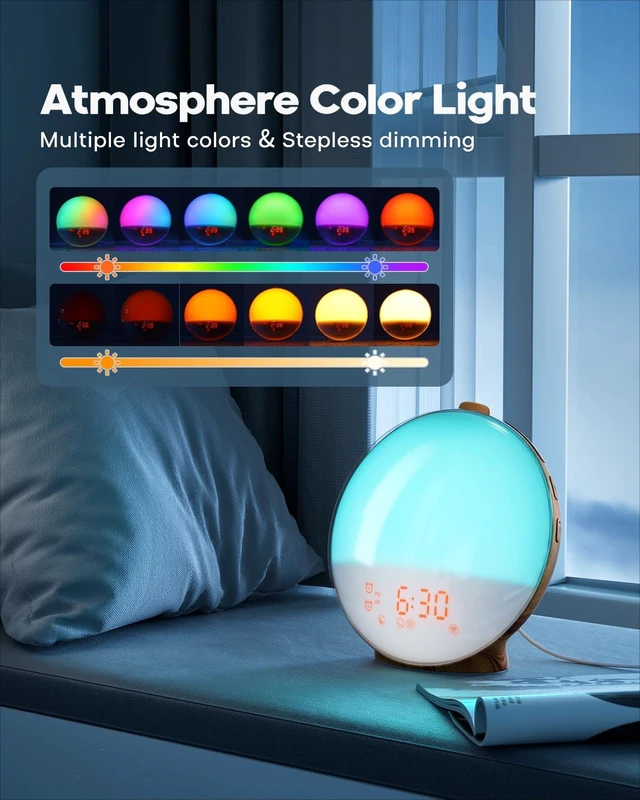 Alt view image 4 of 7 - Sunrise Alarm Clock for Heavy Sleepers, Wood Grain Wake up Light Sunset Simulation, 7 Nature Sounds, Dual Alarms, Colorful Ambient Lamp, FM Radio, Snooze, Sleep Aid for Kids & Adults Bedroom