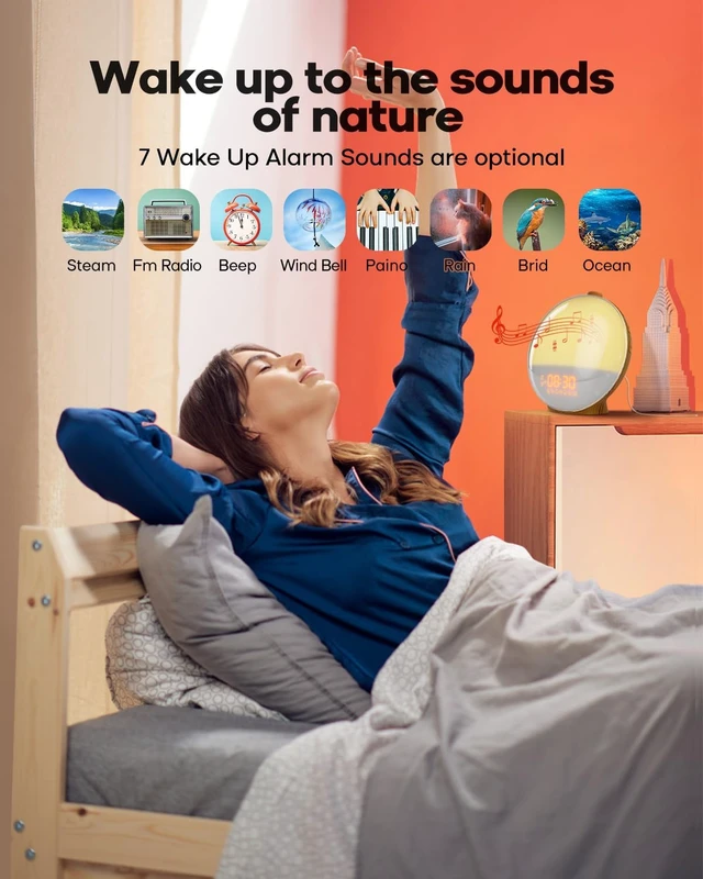Alt view image 2 of 7 - Sunrise Alarm Clock for Heavy Sleepers, Wood Grain Wake up Light Sunset Simulation, 7 Nature Sounds, Dual Alarms, Colorful Ambient Lamp, FM Radio, Snooze, Sleep Aid for Kids & Adults Bedroom