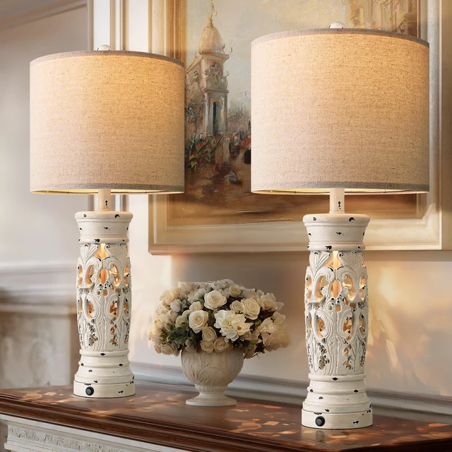 Main image of 27.25" Farmhouse Lamp with Night Light, Rustic Table Lamps Set of 2, White Vintage Bedside Lamp with USB A+C Ports, Retro Nightstand Lamps for Bedroom Living Room Nursery, 2 Bulbs Included