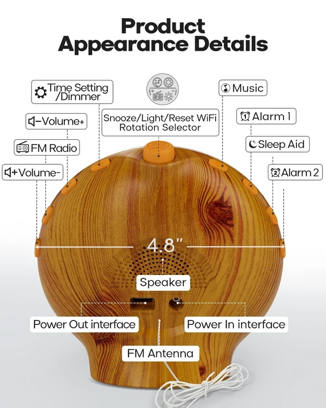 Alt view image 7 of 7 - Sunrise Alarm Clock for Heavy Sleepers, Wood Grain Wake up Light Sunset Simulation, 7 Nature Sounds, Dual Alarms, Colorful Ambient Lamp, FM Radio, Snooze, Sleep Aid for Kids & Adults Bedroom