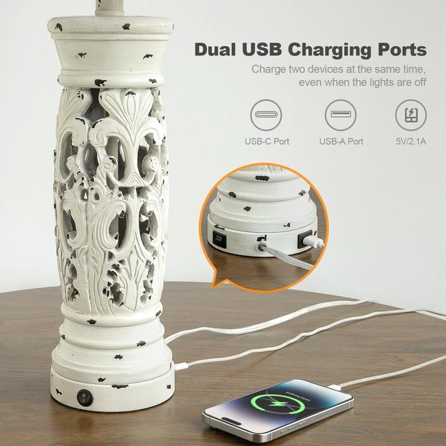 Alt view image 3 of 7 - 27.25" Farmhouse Lamp with Night Light, Rustic Table Lamps Set of 2, White Vintage Bedside Lamp with USB A+C Ports, Retro Nightstand Lamps for Bedroom Living Room Nursery, 2 Bulbs Included