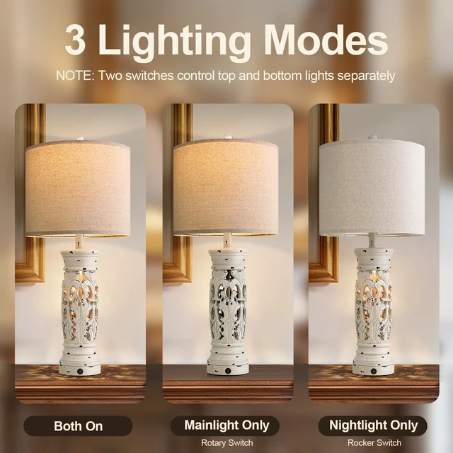 Alt view image 4 of 7 - 27.25" Farmhouse Lamp with Night Light, Rustic Table Lamps Set of 2, White Vintage Bedside Lamp with USB A+C Ports, Retro Nightstand Lamps for Bedroom Living Room Nursery, 2 Bulbs Included