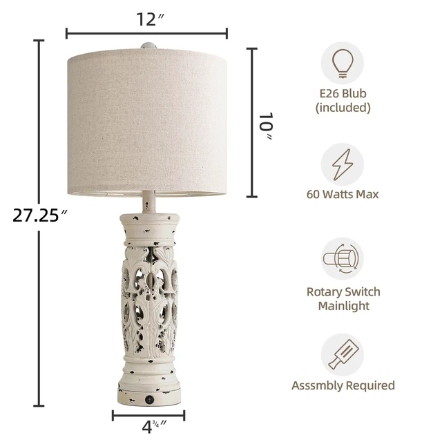 Alt view image 5 of 7 - 27.25" Farmhouse Lamp with Night Light, Rustic Table Lamps Set of 2, White Vintage Bedside Lamp with USB A+C Ports, Retro Nightstand Lamps for Bedroom Living Room Nursery, 2 Bulbs Included