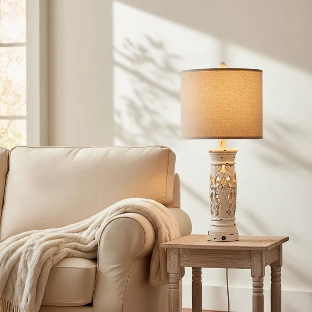 Alt view image 6 of 7 - 27.25" Farmhouse Lamp with Night Light, Rustic Table Lamps Set of 2, White Vintage Bedside Lamp with USB A+C Ports, Retro Nightstand Lamps for Bedroom Living Room Nursery, 2 Bulbs Included
