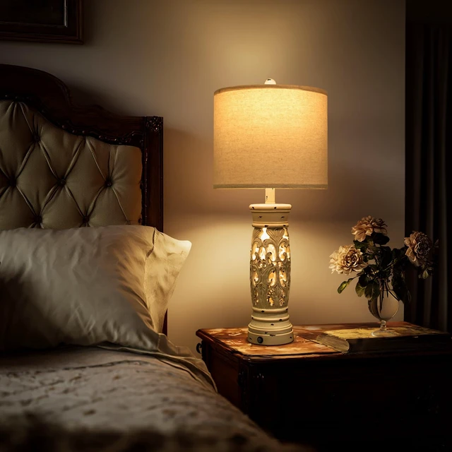 Alt view image 2 of 7 - 27.25" Farmhouse Lamp with Night Light, Rustic Table Lamps Set of 2, White Vintage Bedside Lamp with USB A+C Ports, Retro Nightstand Lamps for Bedroom Living Room Nursery, 2 Bulbs Included