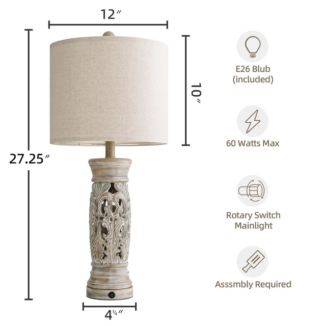 Alt view image 6 of 7 - 27.25Farmhouse Table Lamps Set of 2 with Night Light, Rustic Bedside Lamp Vintage Nightstand Lamp with USB A+C Ports, Retro Side Table Lamps for Living Room Bedroom Entryway Nursery, Bulbs Included