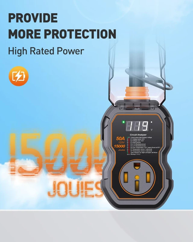 Alt view image 2 of 7 - Smart 50 Amp Surge Protector for RV with LED Display, 15000J Upgraded Power Surges Voltage Protection Circuit Analyze for Camper with Waterpoof Cover (Orange)