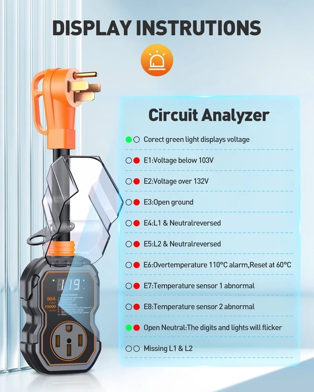 Alt view image 3 of 7 - Smart 50 Amp Surge Protector for RV with LED Display, 15000J Upgraded Power Surges Voltage Protection Circuit Analyze for Camper with Waterpoof Cover (Orange)