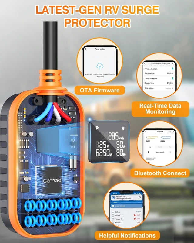 Alt view image 5 of 7 - First RV Surge Protectors 50 Amp with App Control & Smart LED Display,Smart 50 Amp RV Surge Protector with Real Time KWH, Voltage Monitor, 18000 Joules LED Display Circuit Analyzer for Camper