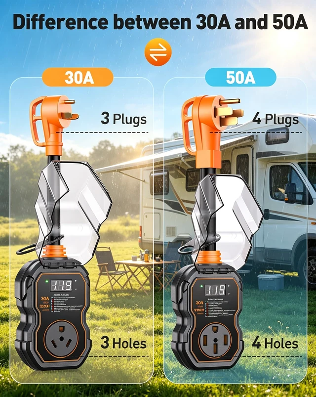 Alt view image 3 of 7 - RV Surge Protectors 30 Amp, - 12000J LED Real-Time Monitoring Circuit Analyzer, Overload Auto-Shutoff, IP68 Weather-Resistant Cover for RV & Travel Trailers
