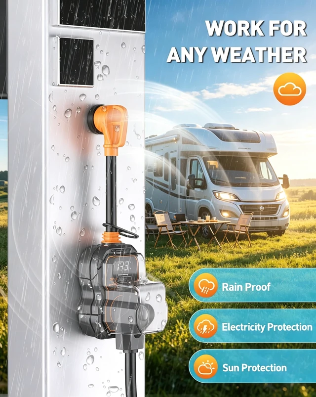 Alt view image 2 of 7 - RV Surge Protectors 30 Amp, - 12000J LED Real-Time Monitoring Circuit Analyzer, Overload Auto-Shutoff, IP68 Weather-Resistant Cover for RV & Travel Trailers