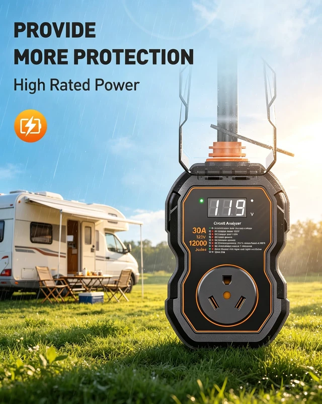 Alt view image 5 of 7 - RV Surge Protectors 30 Amp, - 12000J LED Real-Time Monitoring Circuit Analyzer, Overload Auto-Shutoff, IP68 Weather-Resistant Cover for RV & Travel Trailers