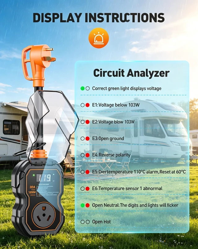 Alt view image 6 of 7 - RV Surge Protectors 30 Amp, - 12000J LED Real-Time Monitoring Circuit Analyzer, Overload Auto-Shutoff, IP68 Weather-Resistant Cover for RV & Travel Trailers