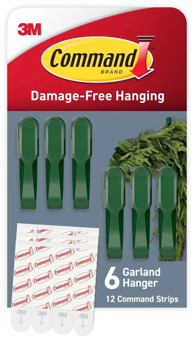 Main image of Garland Hanger, Garland Green, 6 bundlers, 12 Strips Hooks For Garland, Holiday Decor, Damage Free Hanging, Good For Mantels, Doors, Fireplaces, Stairs