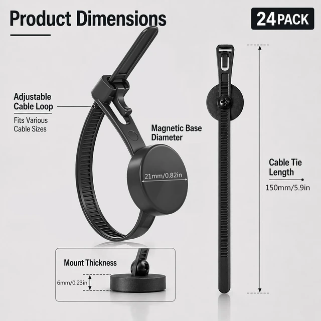 Alt view image 2 of 7 - 24 Pack Magnetic Zip Tie Mounts 21mm 10 lb Heavy Duty Adjustable Reusable Nylon Wire Clips & Cord Magnet Cable Tie Holders Organizer Base for Desk, TV, PC, Home & Office Cable Management