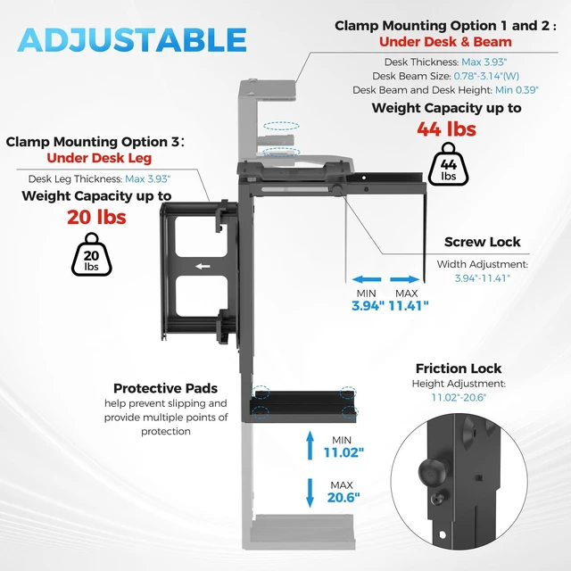 Alt view image 2 of 7 - Clamp-on Desk or Desk Leg PC Mount,Adjustable Height and Width,CPU Under Desk Table Beam PC Mount Bracket Computer Tower Wall and Under Counter Holder