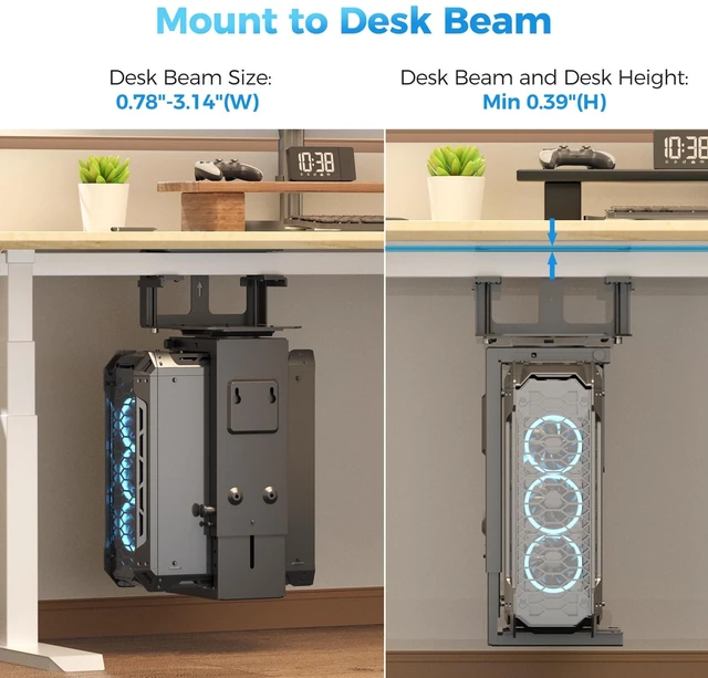 Alt view image 5 of 7 - Clamp-on Desk or Desk Leg PC Mount,Adjustable Height and Width,CPU Under Desk Table Beam PC Mount Bracket Computer Tower Wall and Under Counter Holder