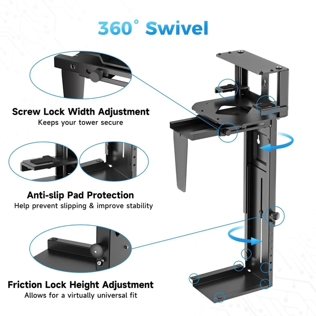 Alt view image 6 of 7 - Clamp-on Desk or Desk Leg PC Mount,Adjustable Height and Width,CPU Under Desk Table Beam PC Mount Bracket Computer Tower Wall and Under Counter Holder