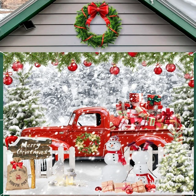 Alt view image 2 of 7 - Christmas Garage Door Cover Decorations Banner Backdrop,Holiday Garage Door Banner Cover,Winter Snow Forest Xmas Truck Snowman Single Garage Door Hanging Outdoor Holiday Decoration Large 7x8ft