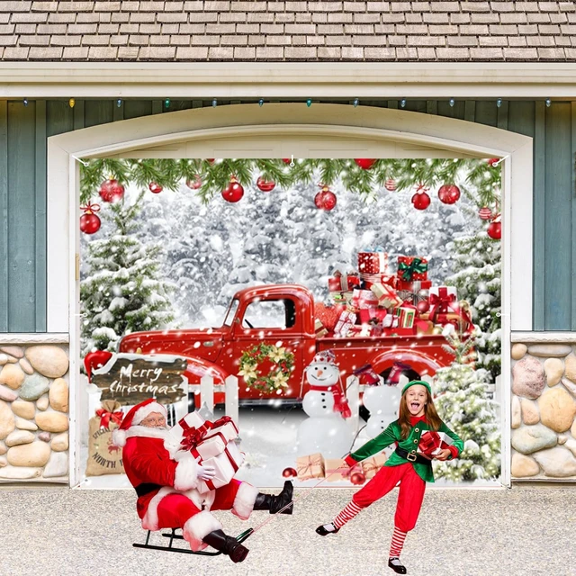 Alt view image 3 of 7 - Christmas Garage Door Cover Decorations Banner Backdrop,Holiday Garage Door Banner Cover,Winter Snow Forest Xmas Truck Snowman Single Garage Door Hanging Outdoor Holiday Decoration Large 7x8ft