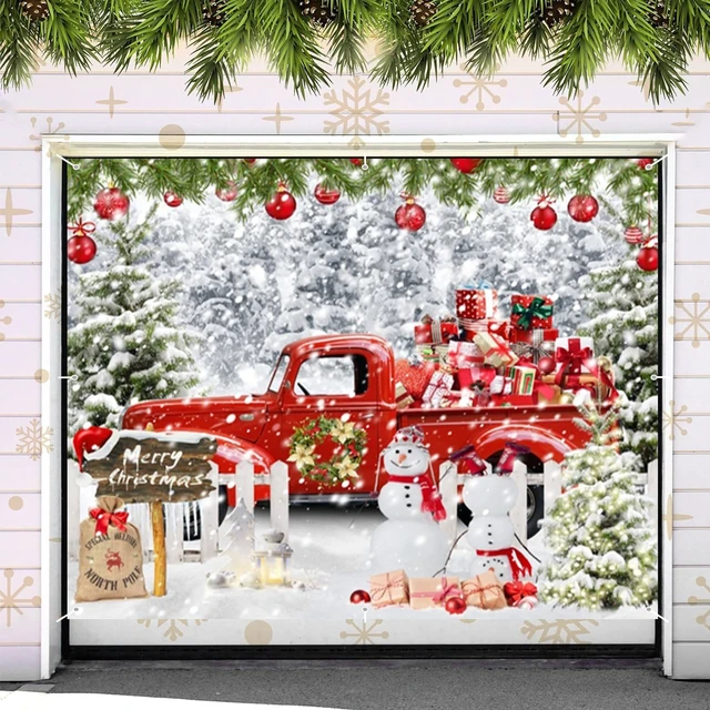Alt view image 4 of 7 - Christmas Garage Door Cover Decorations Banner Backdrop,Holiday Garage Door Banner Cover,Winter Snow Forest Xmas Truck Snowman Single Garage Door Hanging Outdoor Holiday Decoration Large 7x8ft