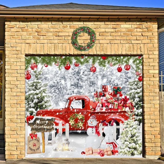 Alt view image 5 of 7 - Christmas Garage Door Cover Decorations Banner Backdrop,Holiday Garage Door Banner Cover,Winter Snow Forest Xmas Truck Snowman Single Garage Door Hanging Outdoor Holiday Decoration Large 7x8ft