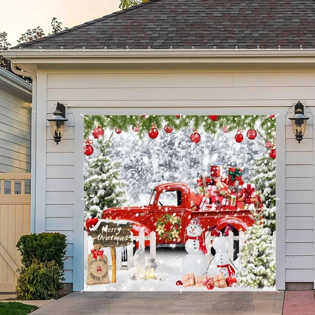 Alt view image 6 of 7 - Christmas Garage Door Cover Decorations Banner Backdrop,Holiday Garage Door Banner Cover,Winter Snow Forest Xmas Truck Snowman Single Garage Door Hanging Outdoor Holiday Decoration Large 7x8ft