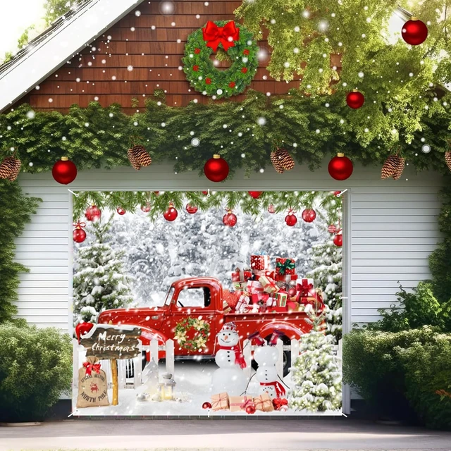 Alt view image 7 of 7 - Christmas Garage Door Cover Decorations Banner Backdrop,Holiday Garage Door Banner Cover,Winter Snow Forest Xmas Truck Snowman Single Garage Door Hanging Outdoor Holiday Decoration Large 7x8ft