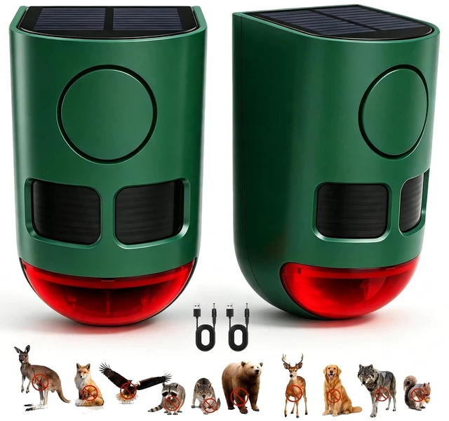 Main image of Solar Motion Sensor Alarm Outdoor Dog Barking Alarm 4 Mode 129dB Loud Sound Noise Maker IP65 Waterproof Motion Detector with Strobe Light for Yard Farm Garden 2 Pack